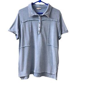 easel Light Blue Short Sleeve Ribbed Jersey Knit Collared Popover Shirt Medium